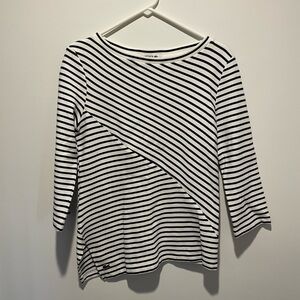 Lacoste Nautical Asymmetrical Hem 3/4 Sleeve Striped Navy and White Top Size 40